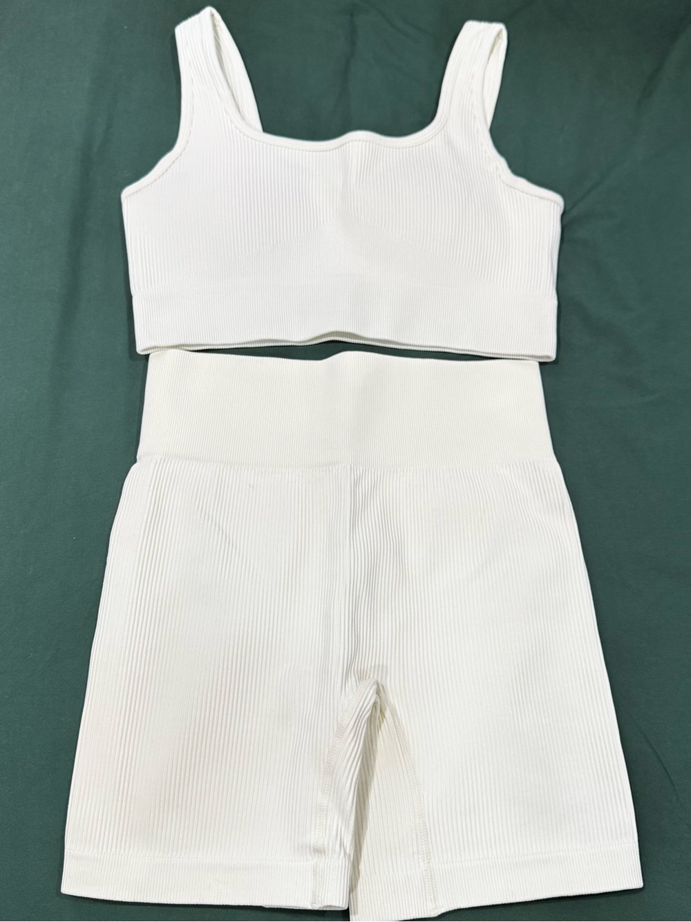 Amazon White Ribbed Sports Bra and High-Waist Biker Shorts Set - Picture 3 of 8